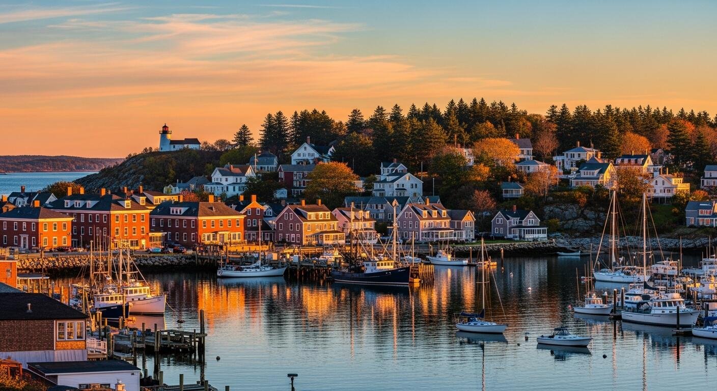 Sunset over a harbor with sailboats and colorful houses on a hillside.