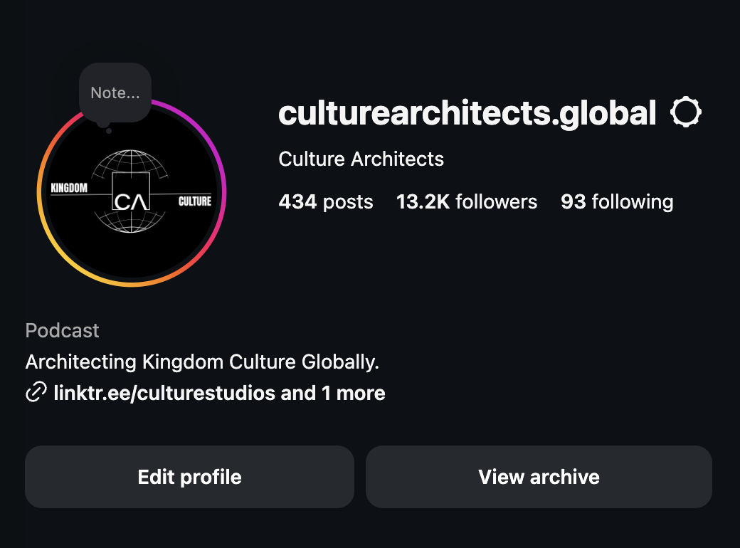 Instagram profile page for culturearchitects.global with profile picture featuring a globe and the words 'Kingdom' and 'Culture'.