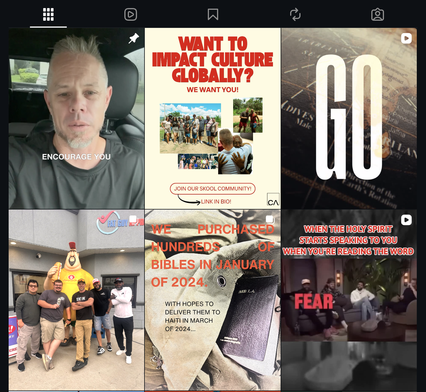 A collage of six images with various messages and photos. The top left shows a man inside a car with the caption "Encourage You." The top middle promotes a community group wanting to impact culture globally. The top right displays a large number "10" over a map. The bottom left features a group of five men standing outside a building with a mascot. The bottom middle mentions the purchase of hundreds of Bibles in January 2024. The bottom right shows a group of people sitting in a lounge with a caption about fear and the Holy Spirit speaking.