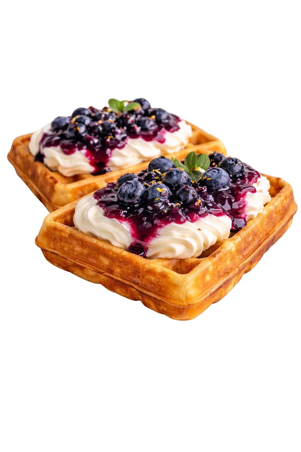 Two waffles topped with whipped cream, blueberries, blueberry syrup, served in a popular London boutique cafe