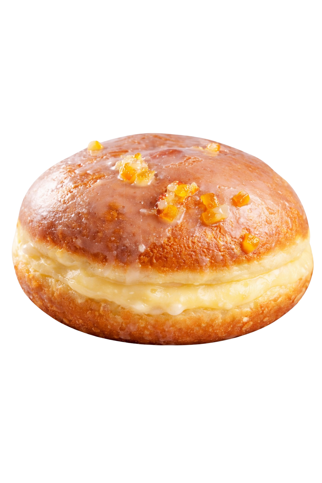 Close-up of a glazed Polish doughnut in a London boutique with a creamy filling and caramelised orange peel topping topping.