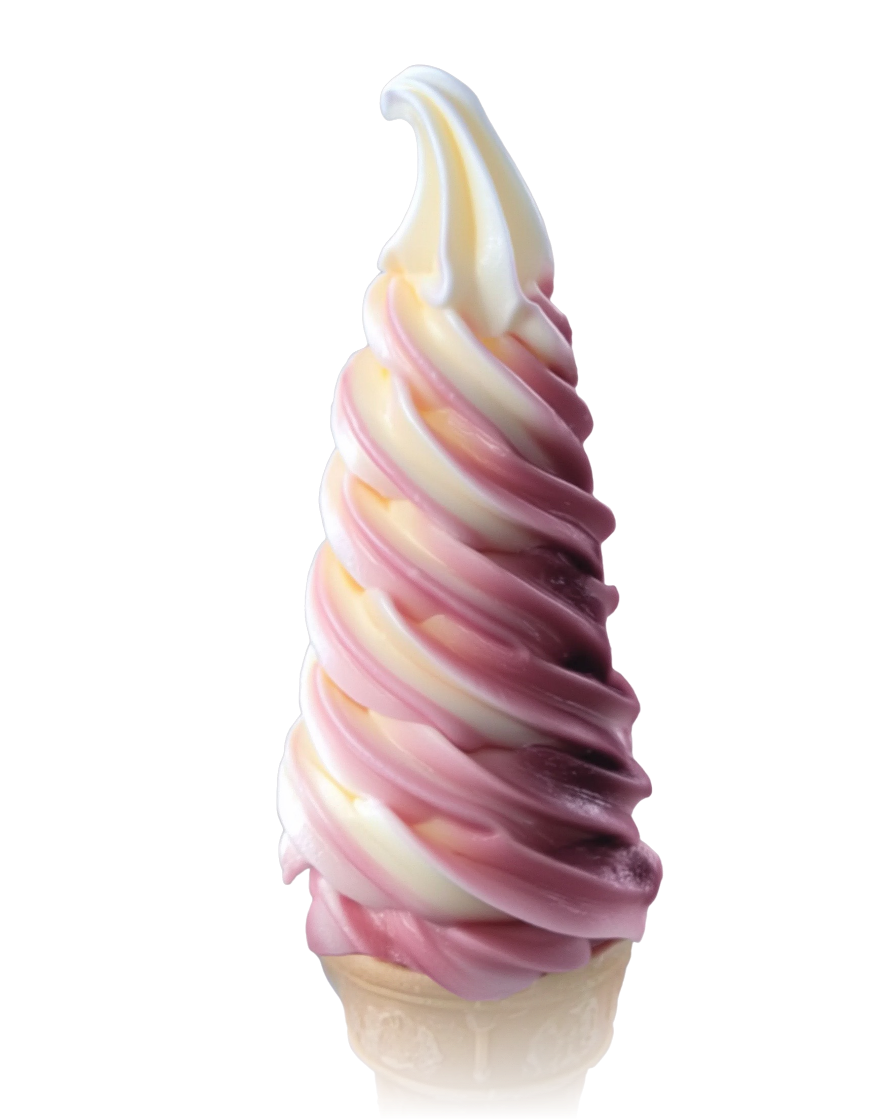 Swirled polish swiderki soft-serve ice cream with vanilla and raspberry colors in a cone.