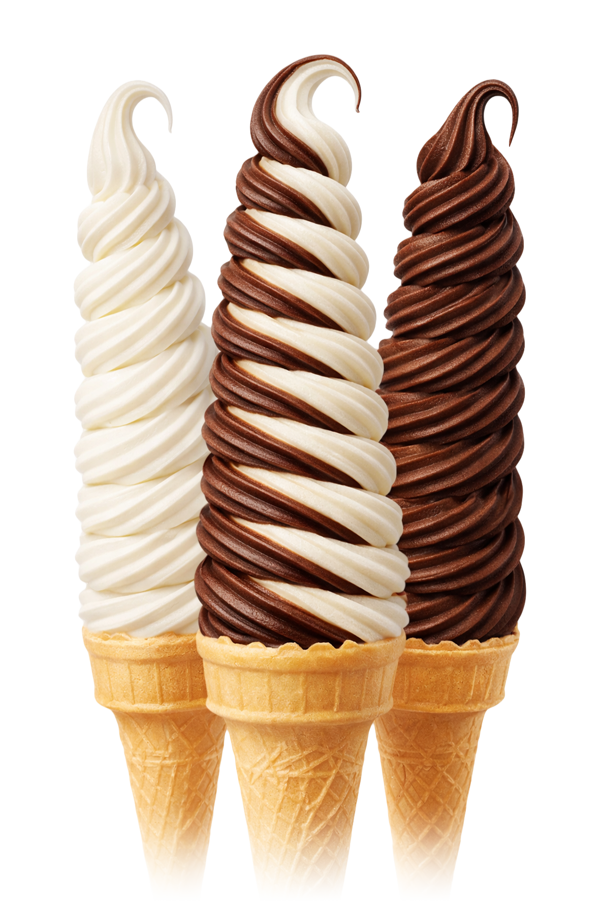Three soft serve Polish swiderki ice cream cones with swirled vanilla, chocolate, and mixed flavors side by side in London.