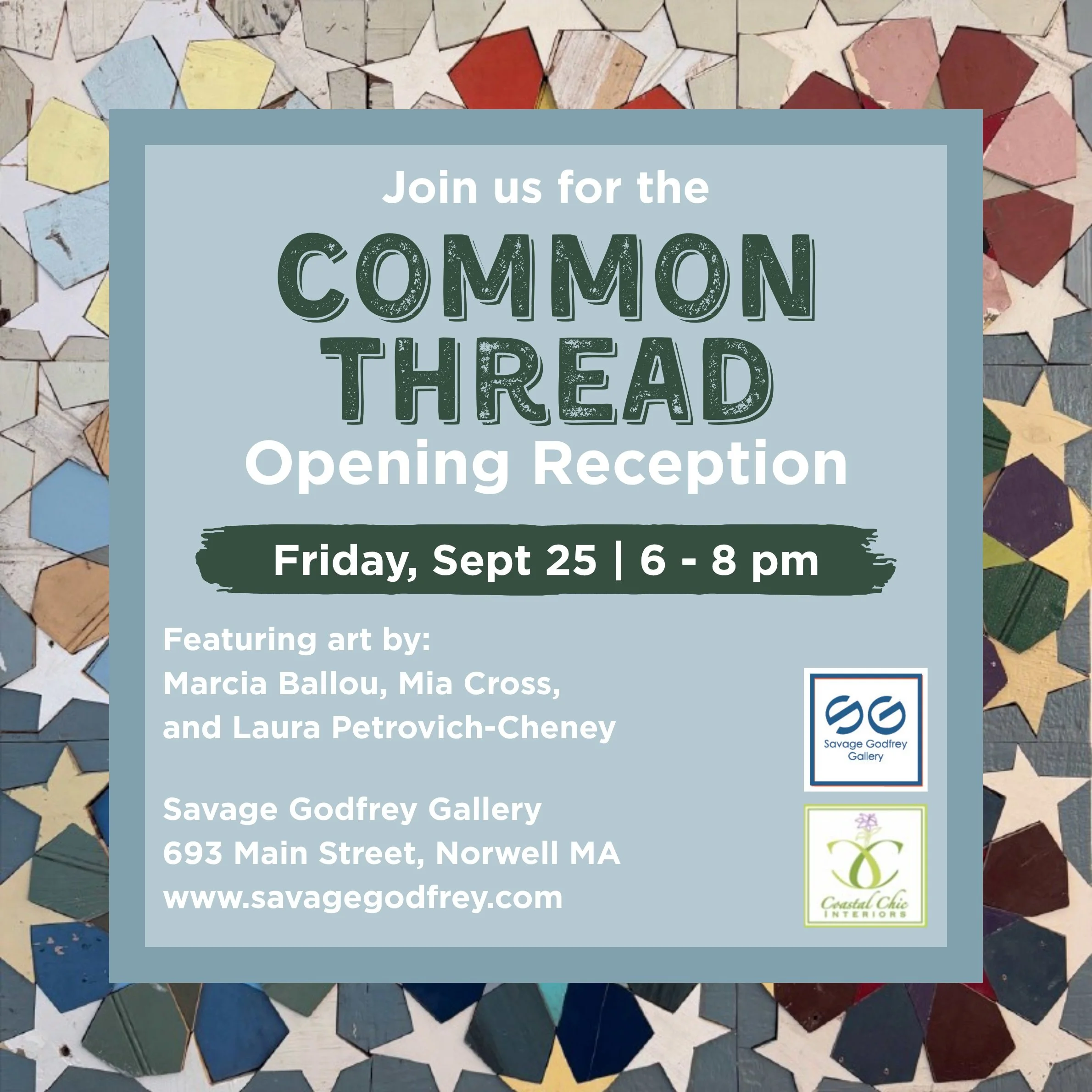 Common Thread explores the art of handwork&ndash;stitching, quilting, woodworking&ndash; by three distinct artists Marcia Ballou, Mia Cross, and Laura Petrovich-Cheney. 

The opening reception will be on Friday, September 25th from 6-8 pm. The artist