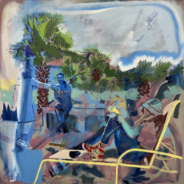 A colorful painting of two people relaxing outdoors with palm trees, clouds, and rockets in the sky.