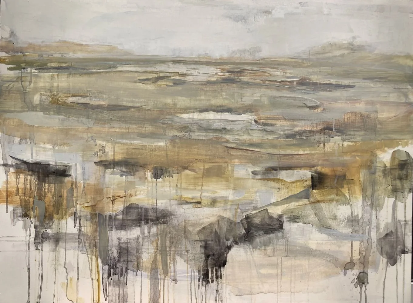 Abstract watercolor painting with muted earth tones, horizontal brushstrokes, and drips of paint.
