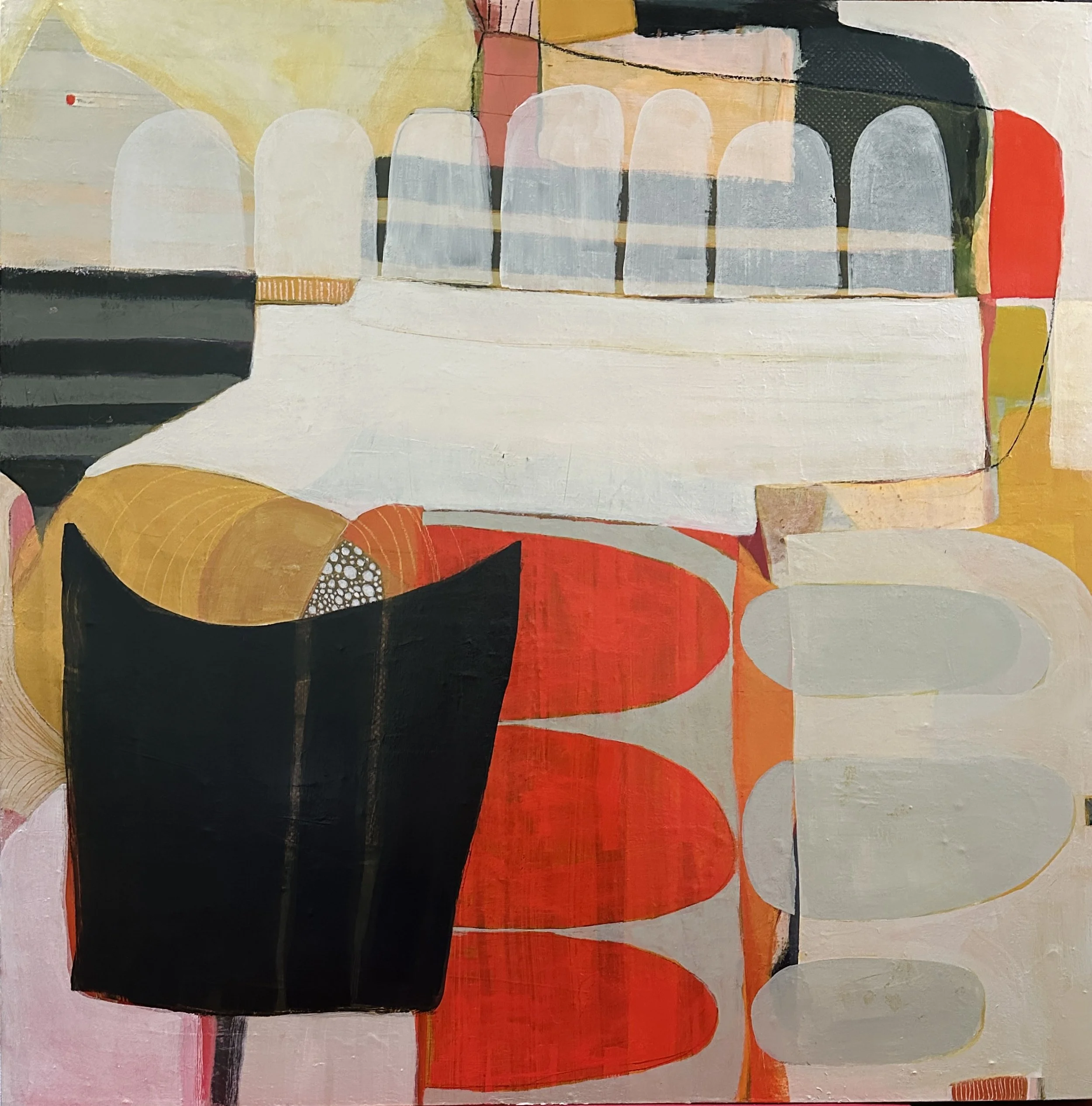 Abstract painting featuring colorful shapes and lines with shades of black, gray, red, yellow, and pink.