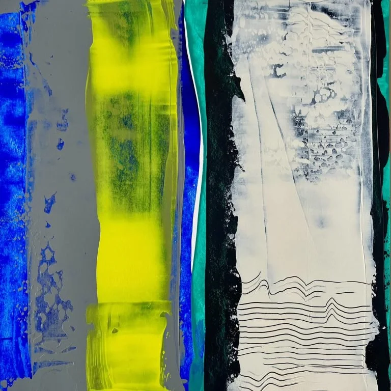 An abstract painting featuring bold vertical streaks of yellow, blue, black, white, and turquoise with textures and layered patterns.