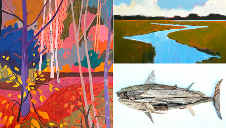 A collage with a colorful abstract painting of a forest, a landscape painting of a river marsh, and a wooden fish sculpture.