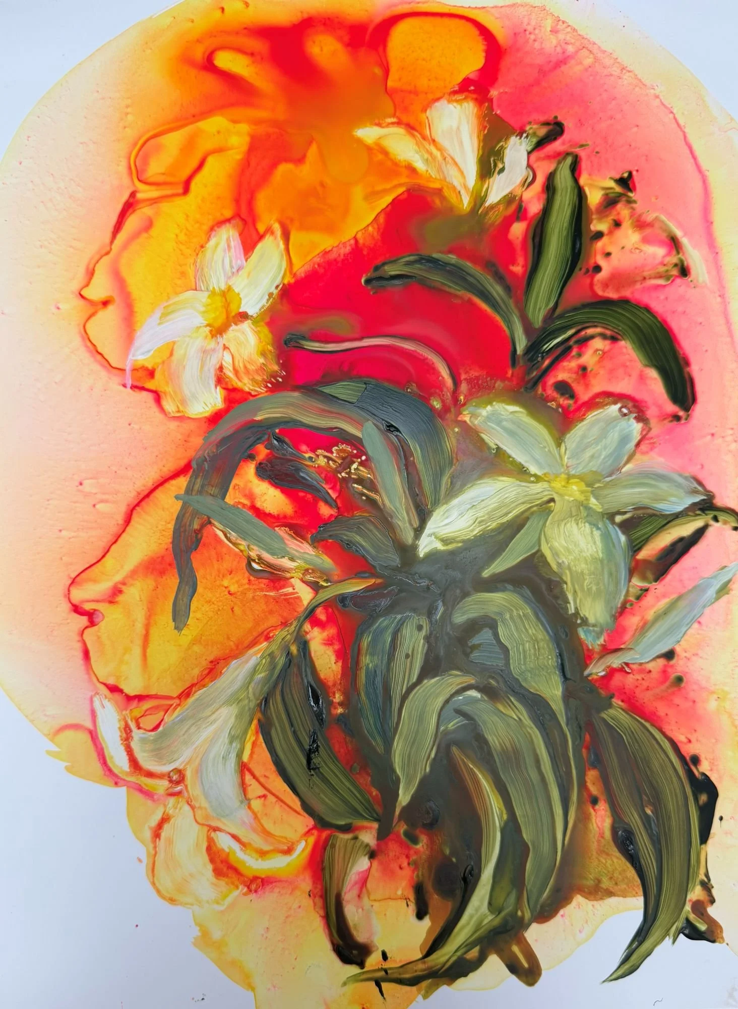 Abstract painting with vibrant yellow, orange, red, black, green, and white brushstrokes, creating a floral-like design on a white background.