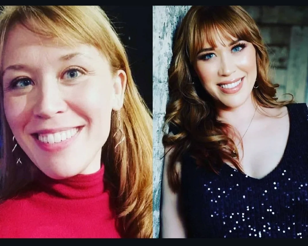 Side-by-side photos of a woman with red hair, one in a red top smiling outdoors and another in a black dress smiling indoors.