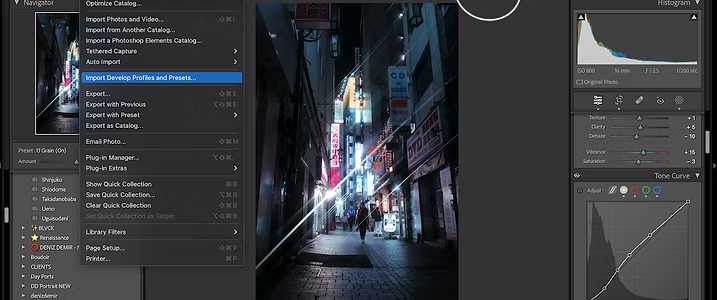 A computer screen displaying photo editing software, with menus open and a nighttime city street photo loaded.