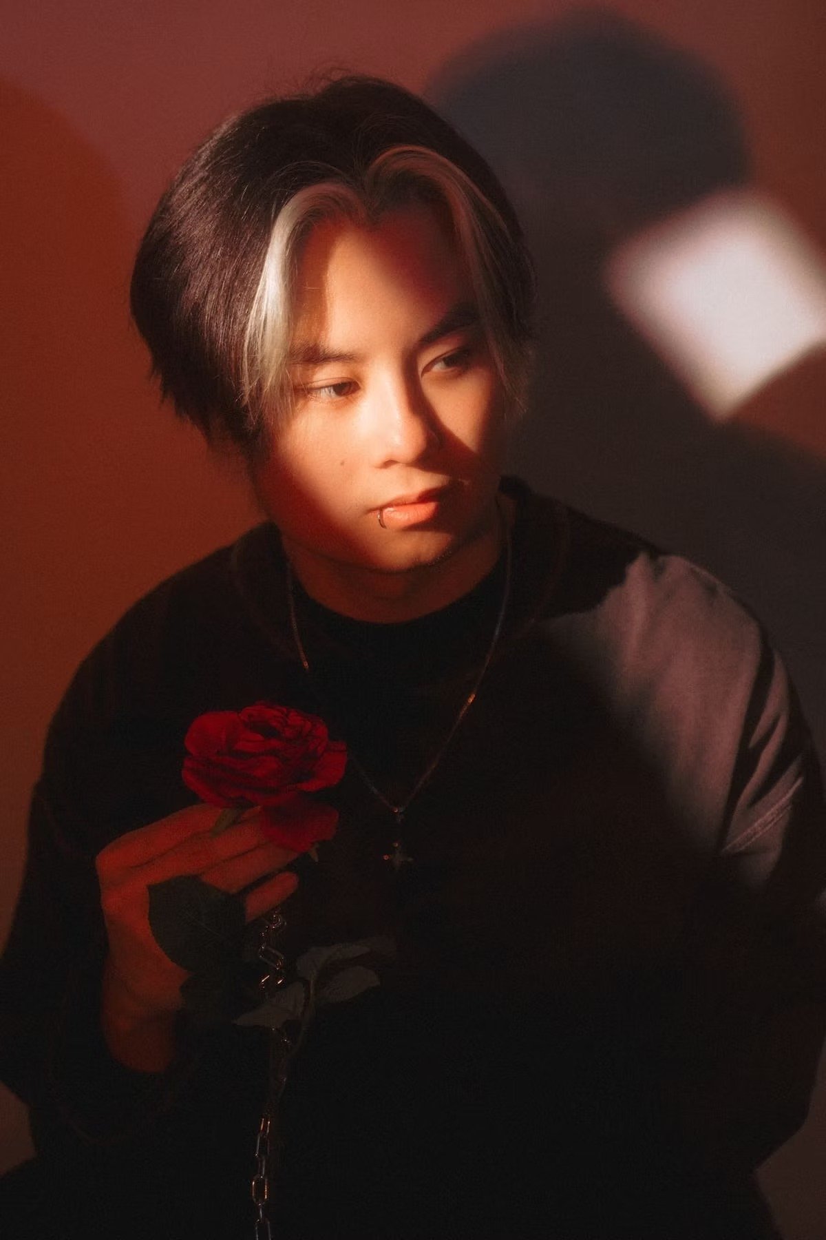 A young person with long, dark hair and a blonde streak, holding a red rose, wearing dark clothing, in a dimly lit setting with dramatic shadows.