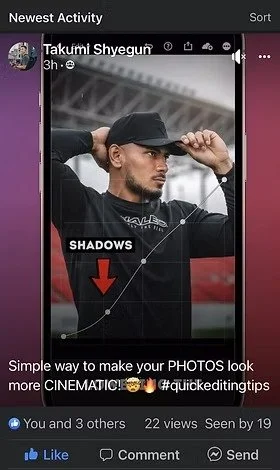 A social media post showcasing a photo editing tip for enhancing shadows in photos, with a man in a cap as the featured image.
