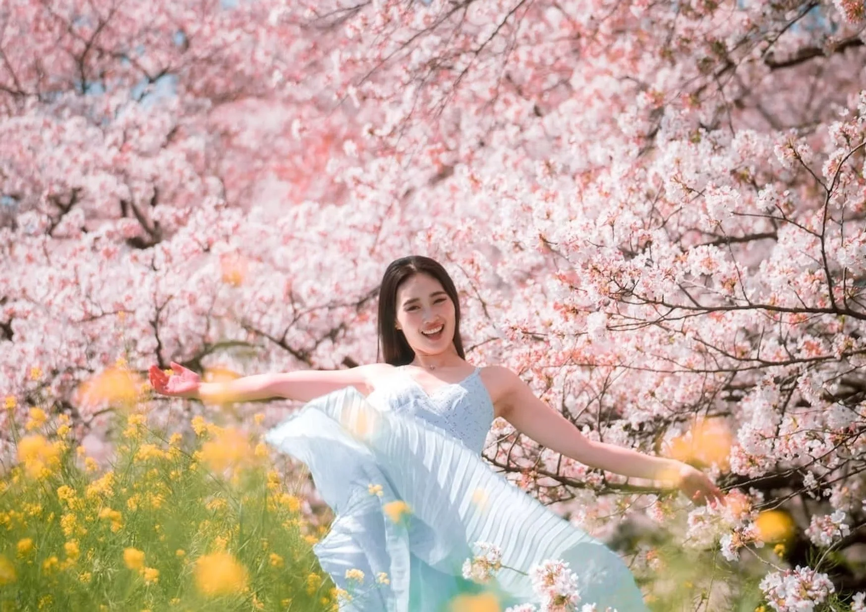 A woman in a light blue dress joyfully dances in a field of yellow flowers, surrounded by cherry blossom trees in full bloom. The soft sunlight enhances the beauty of the scene, with the vibrant pink blossoms in the background.