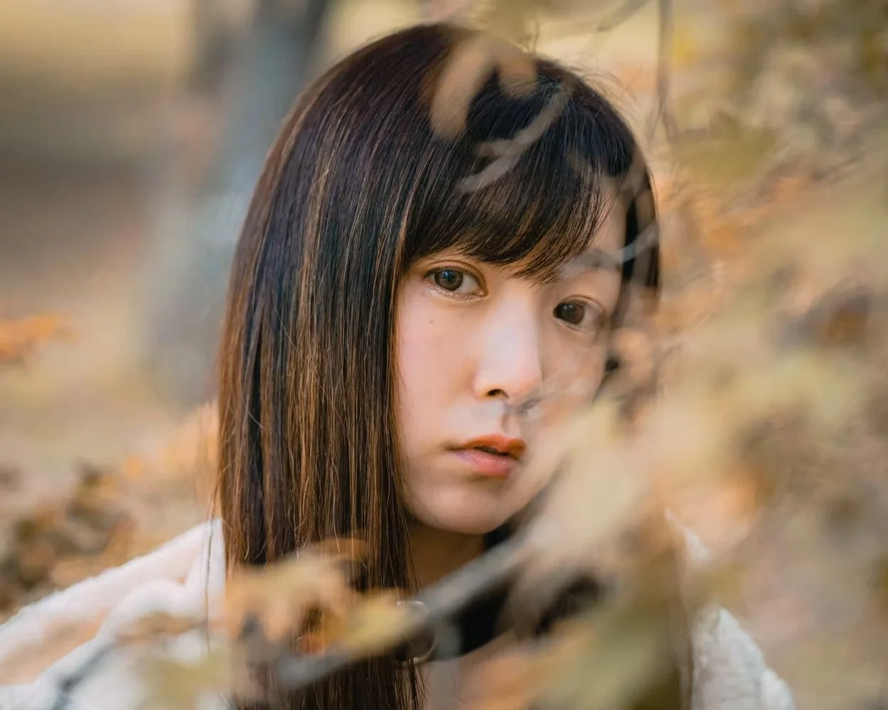 A young woman with long dark hair and bangs gazes through tree branches with fall foliage in the background.