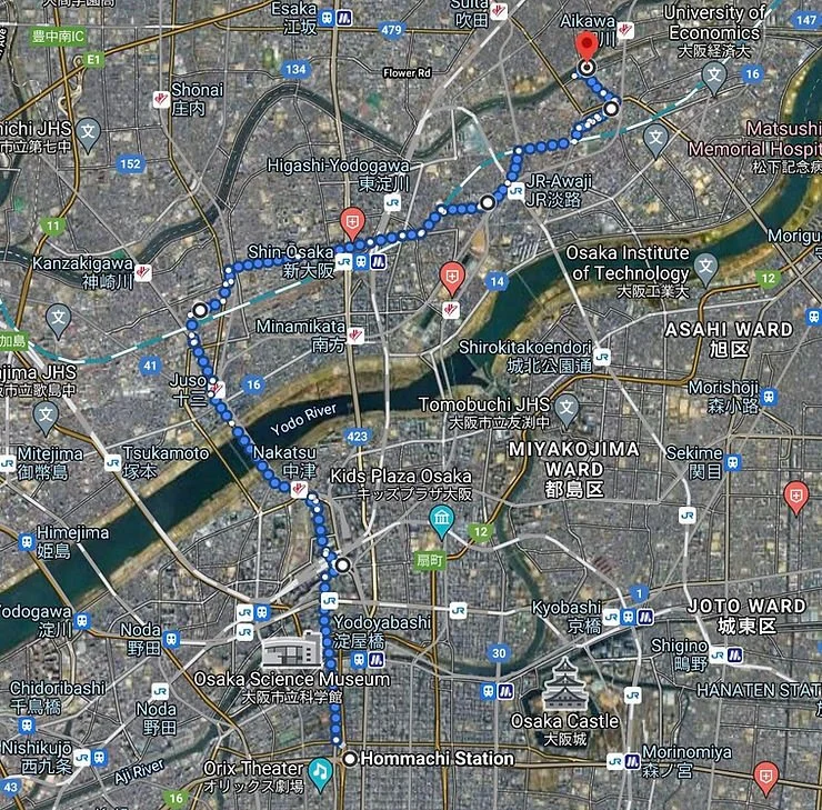 A detailed map of Osaka with highlighted routes and landmarks, showing a travel path within the city.