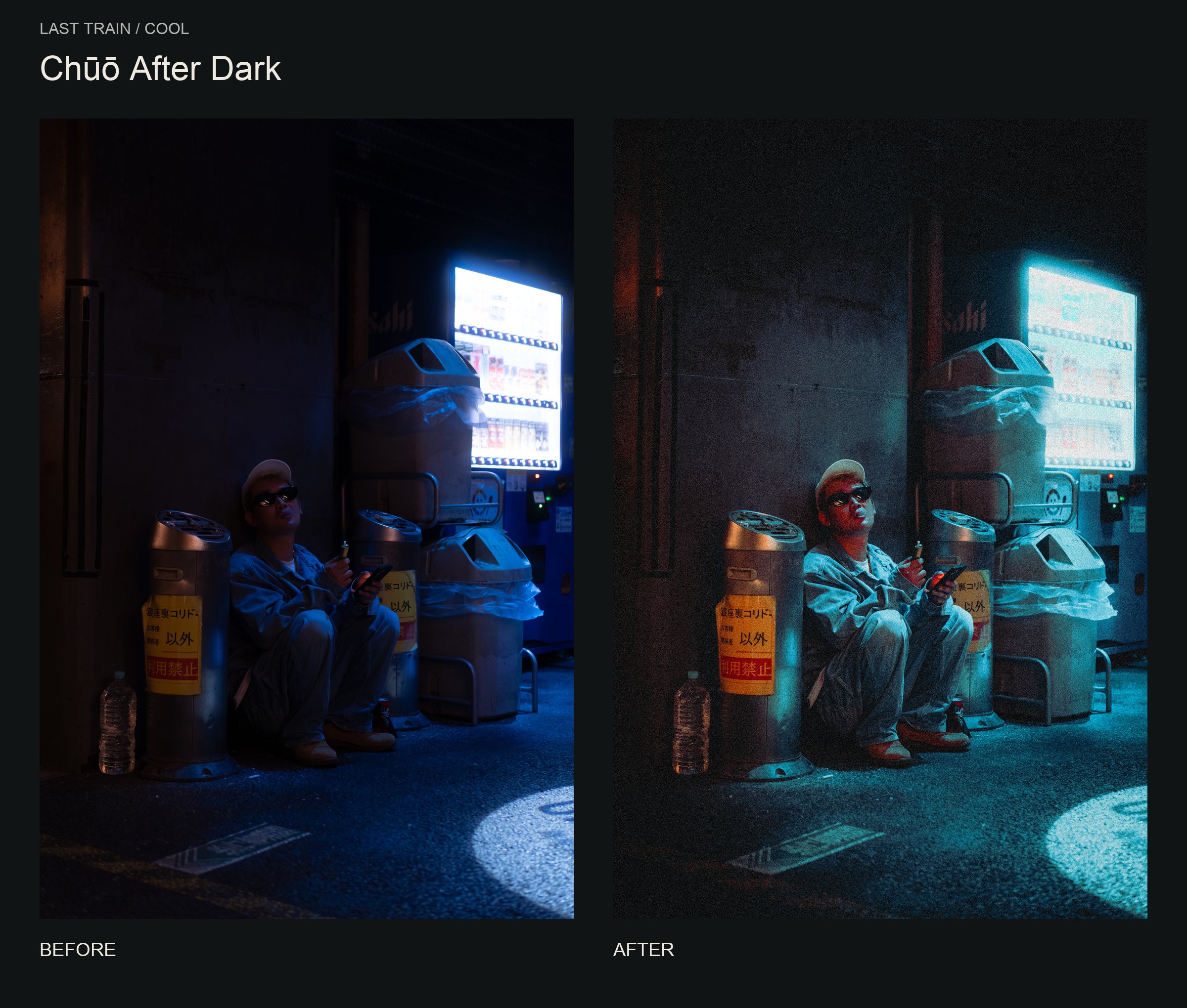 Before and after Chūō After Dark: a seated man beside a vending machine, with cool cyan light and film grain.
