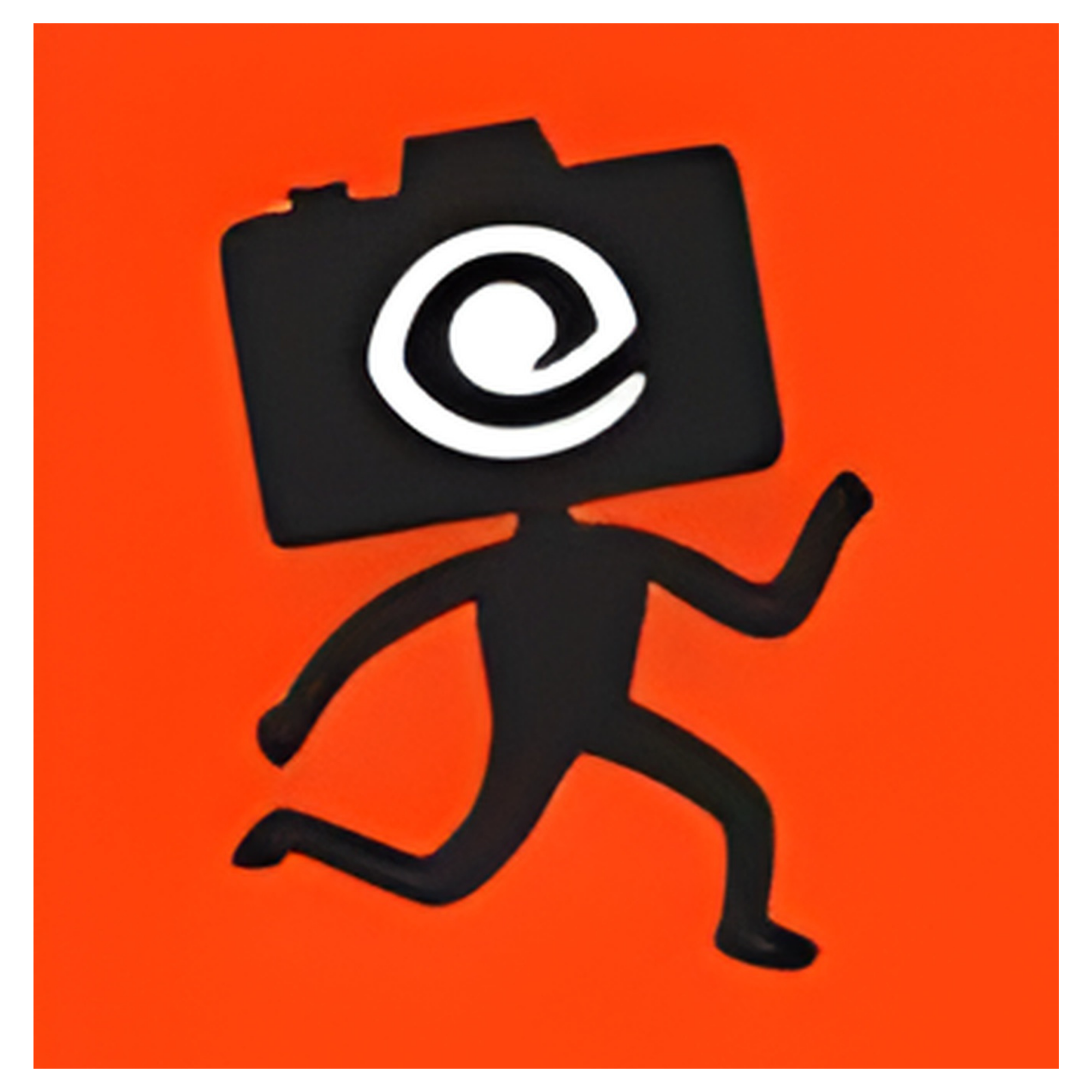 Black silhouette of a cat holding a camera with an eye in the middle, set against an orange background.