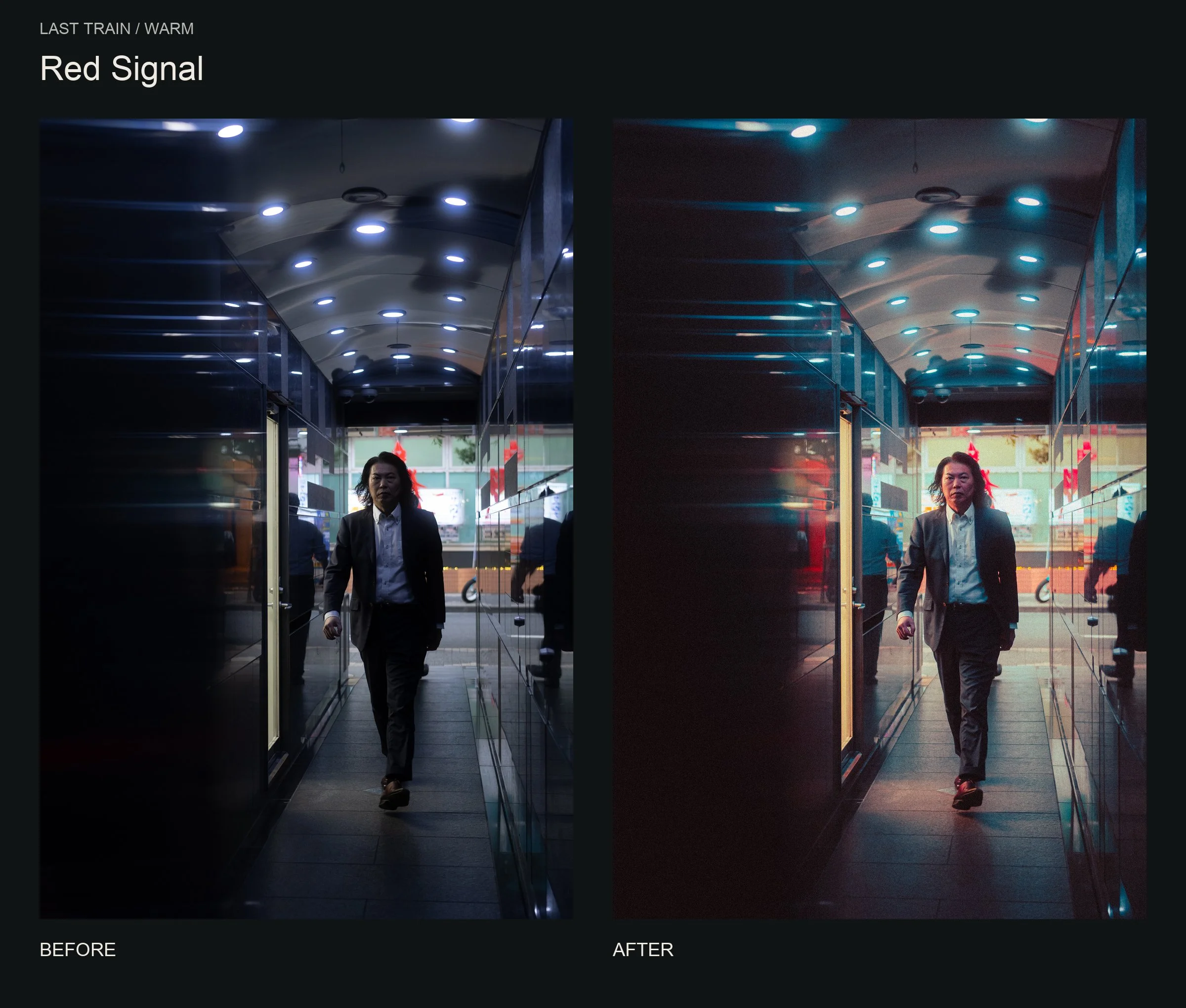 Before and after Red Signal: a man walking through a mirrored passage, with cyan ceiling lights and warm red reflections.