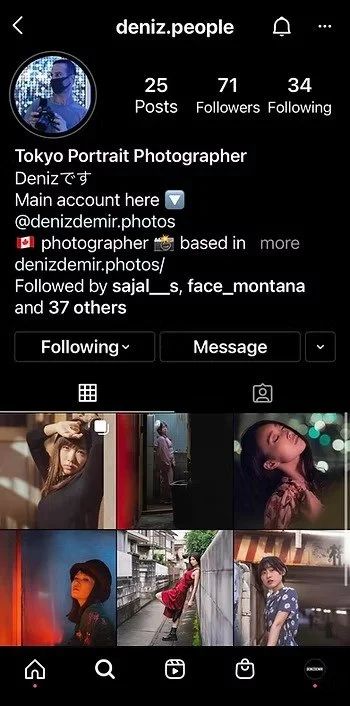 Instagram profile of "deniz.people," a Tokyo portrait photographer. The page features a bio, follower count, and a grid of six artistic portraits.