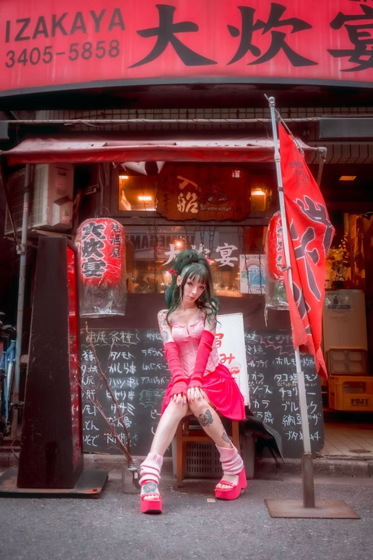 A young woman with green hair and tattoos is sitting in front of a Japanese restaurant, wearing a pink dress, long pink gloves, pink platform shoes, and striped knee socks. The restaurant has red signage and lanterns, with Japanese writing on a chalkboard and flags outside.