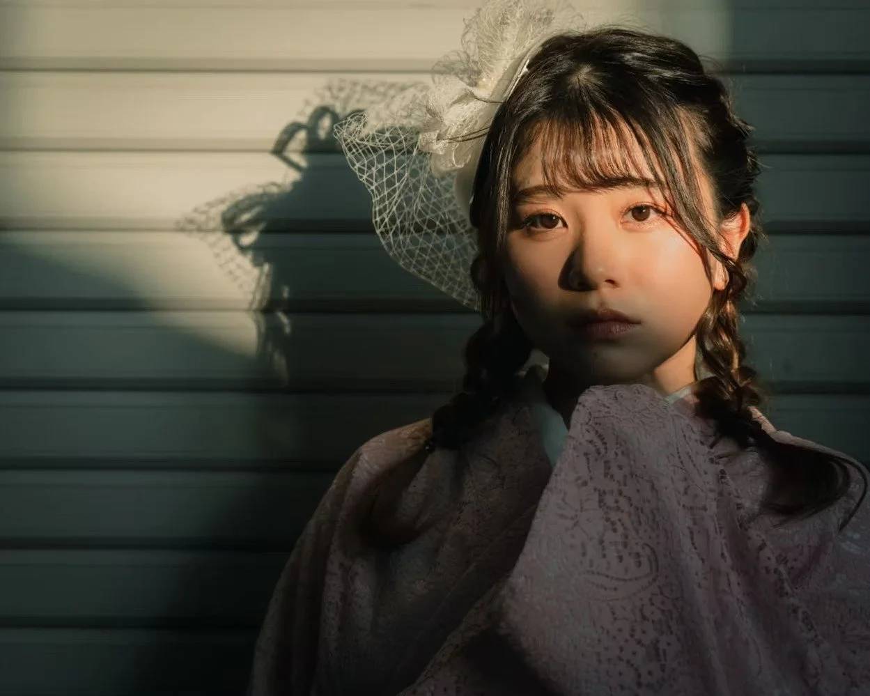 A young girl with braided hair standing against a horizontal metal garage door, illuminated by warm sunlight that casts a shadow of an ornate hat on the door beside her.