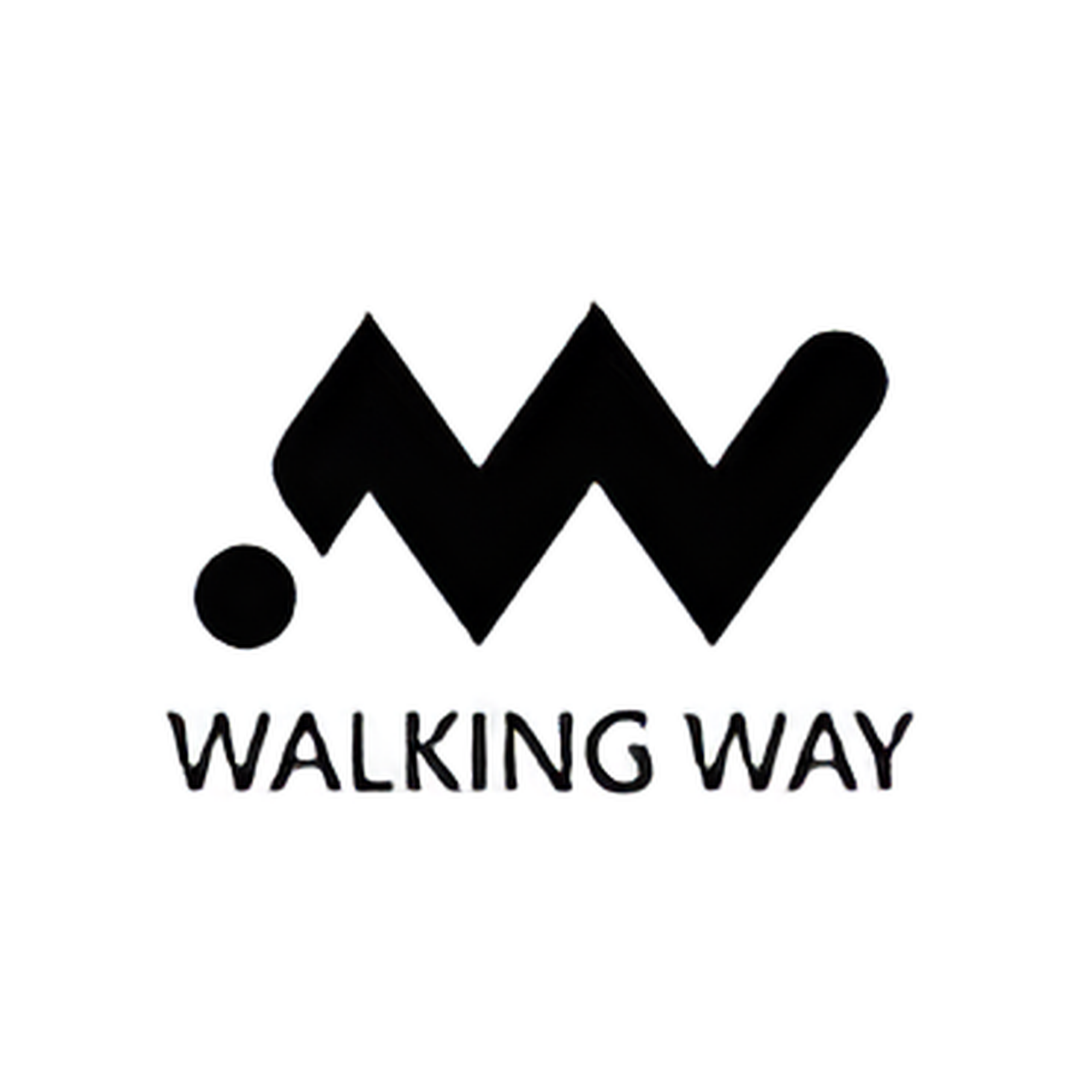 A logo with the words "Walking Way" written below a stylized mountain and circle design in black