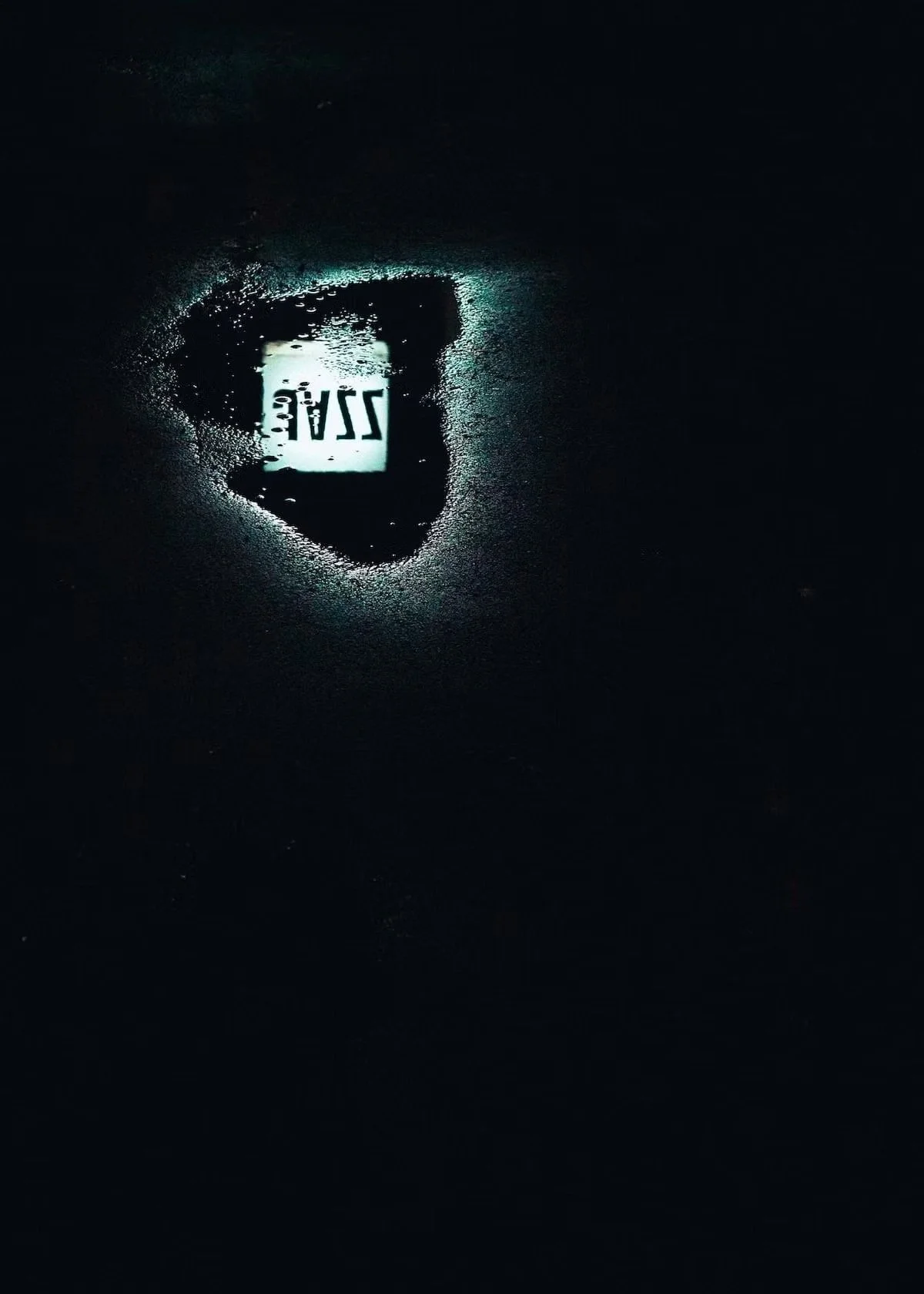 A puddle of water on the ground reflecting a street sign that reads 'Jazz'