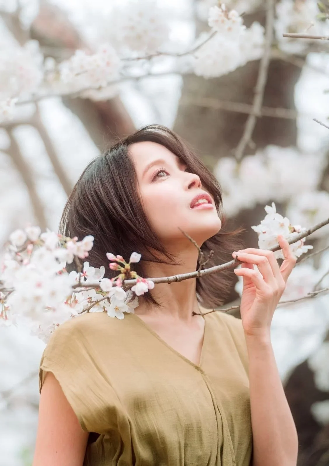 A woman in a green dress looks up with a peaceful expression, gazing at the cherry blossoms above her. The soft pink and white flowers surround her, creating a gentle and dreamy springtime scene.