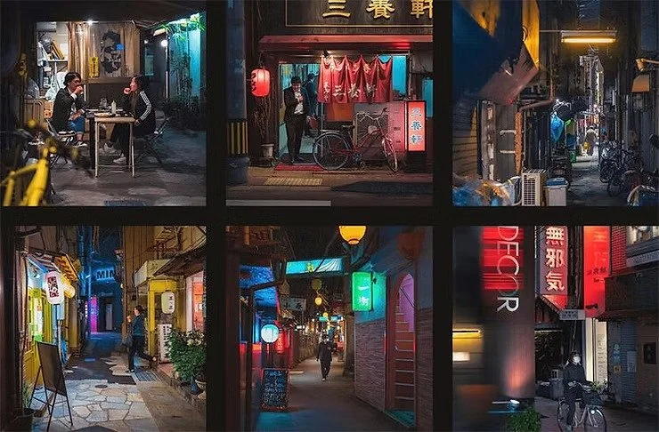 A collage of six different nighttime street scenes in Kabukicho, showcasing vibrant neon lights, small street cafes, and colorful alleyways.