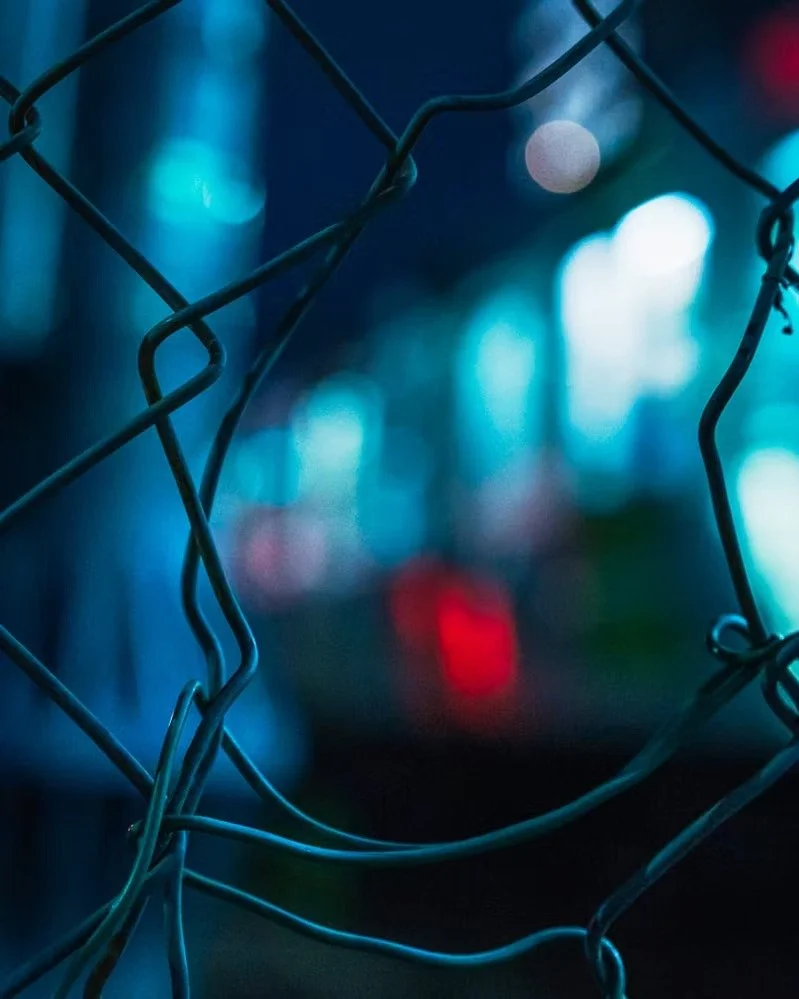 Close-up of a chain-link fence at night with blurred city lights in the background.