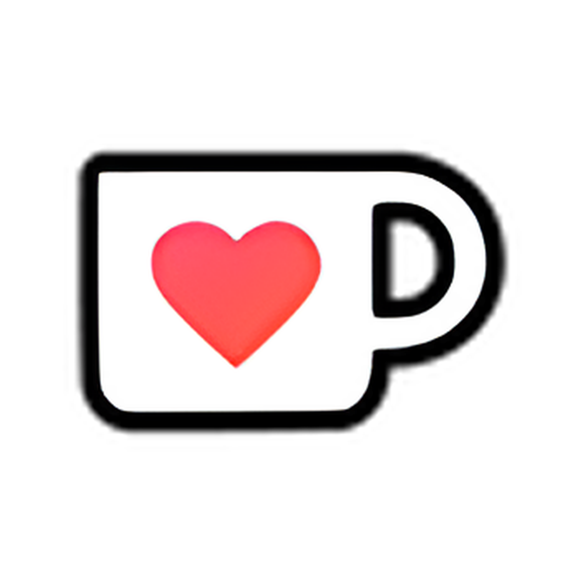 Close-up of a white coffee mug with a red heart symbol and a black letter D on black background.