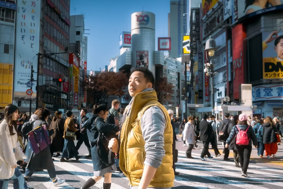 A busy urban street in Japan with a crowd of people walking, and a person in a yellow jacket is seen in the foreground. Tall buildings and neon signs are visible in the background.