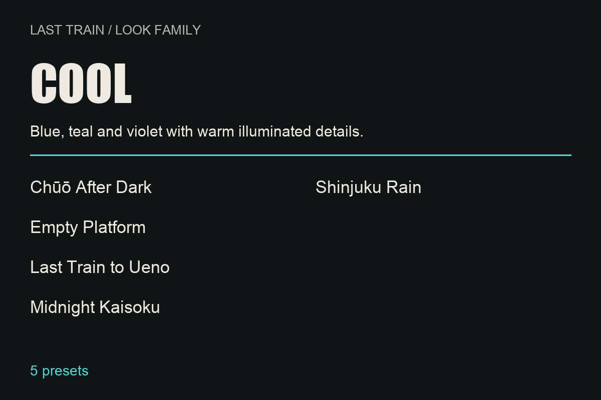 Cool: blue, teal and violet with warm illuminated details. Five presets: Chūō After Dark, Empty Platform, Last Train to Ueno, Midnight Kaisoku and Shinjuku Rain.