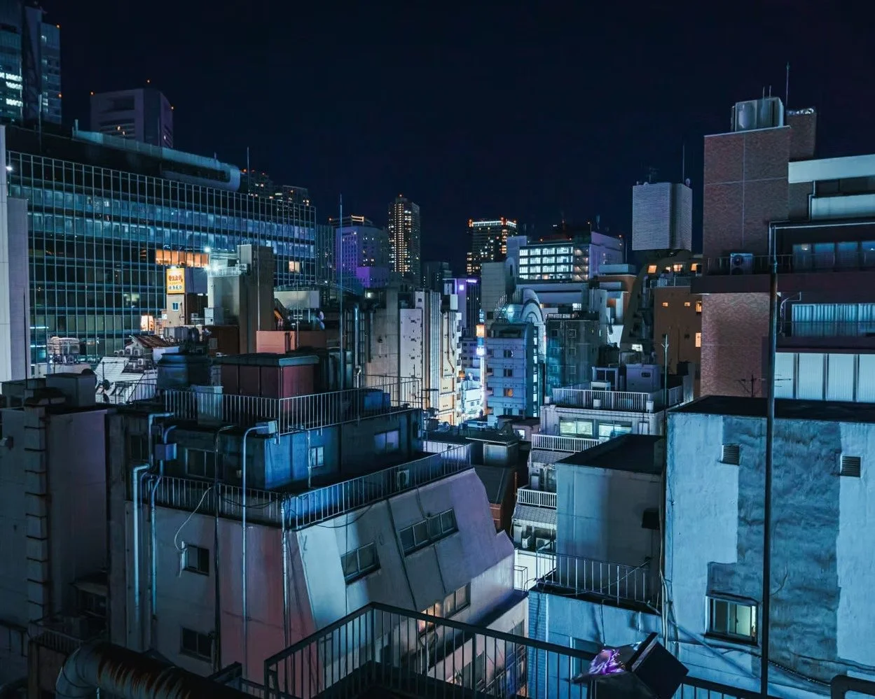 Nighttime cityscape Tokyo rooftops with tall buildings and illuminated windows, viewed from a rooftop with railings in an urban setting shot by Tokyo photographer Deniz Demir.