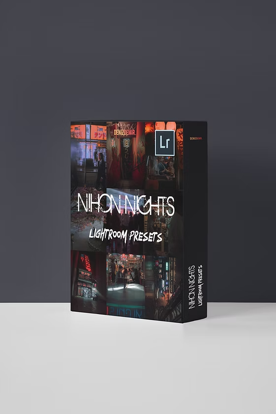 Box of Lightroom presets titled "Night Night" featuring city night scenes with neon lights on the packaging.