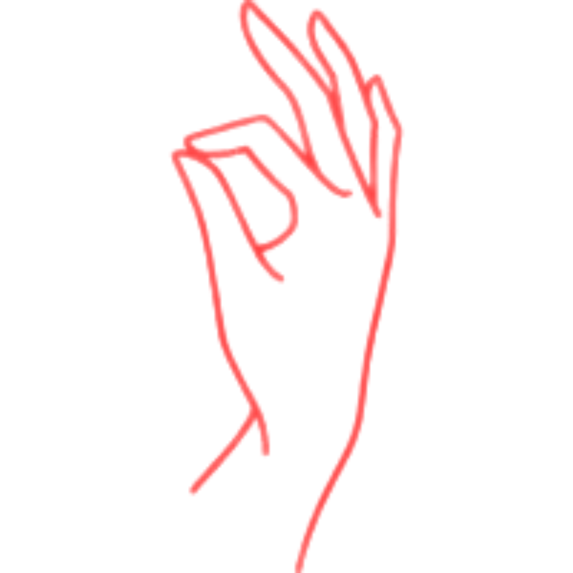 A red outline of a hand with three open fingers and a thumb, set against a split black and red background.