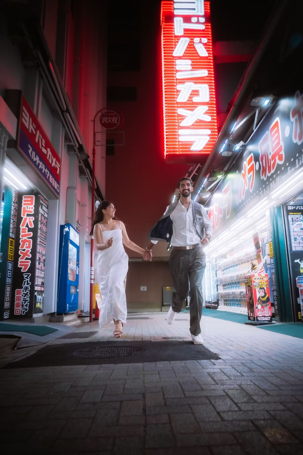 Bride and groom running together down a neon lit cyberpunk alley in Shinjuku Tokyo