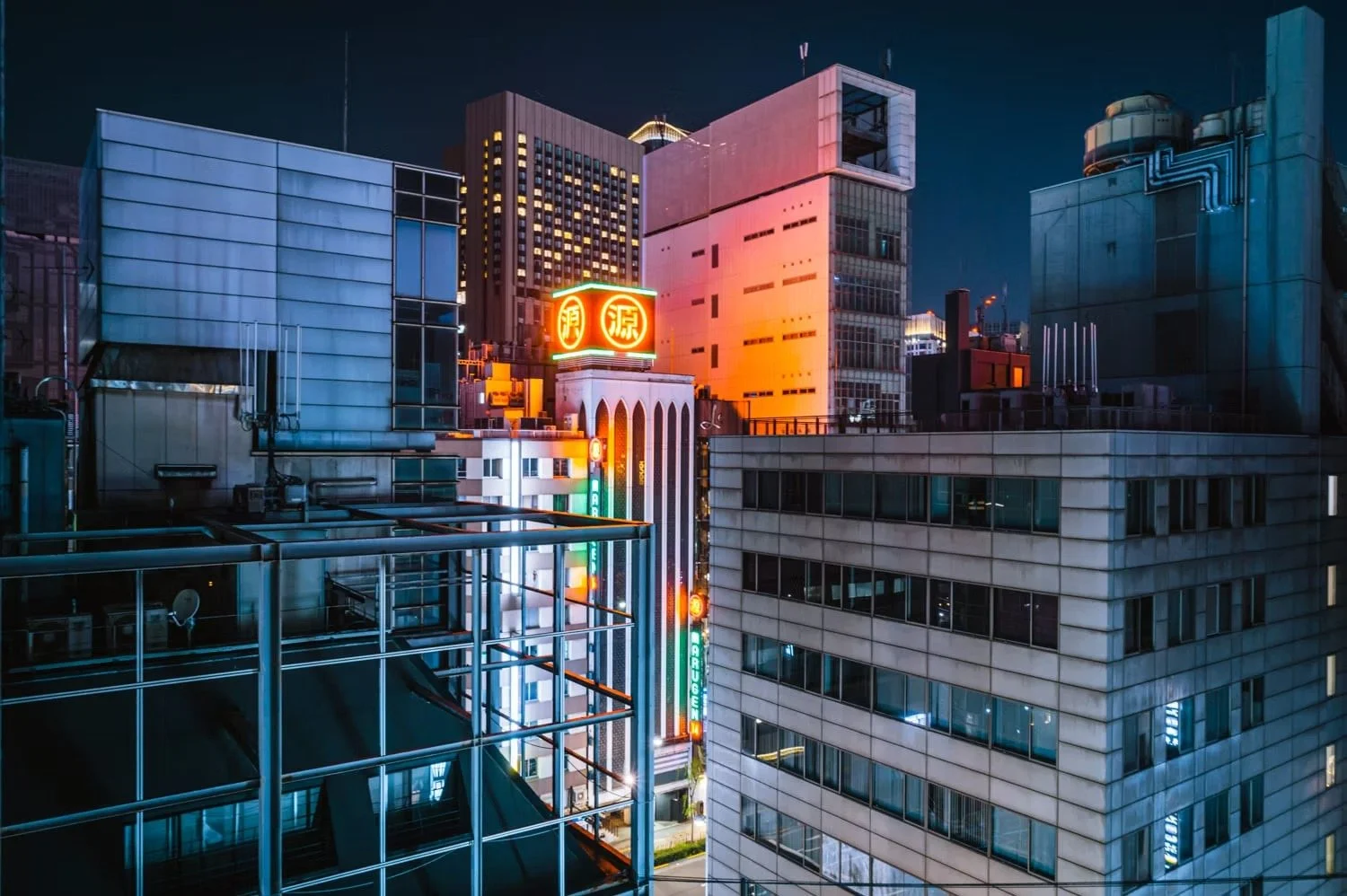 Tokyo rooftop nighttime cityscape with tall buildings, illuminated signs, and modern architecture. Captured by Tokyo photographer Deniz Demir.