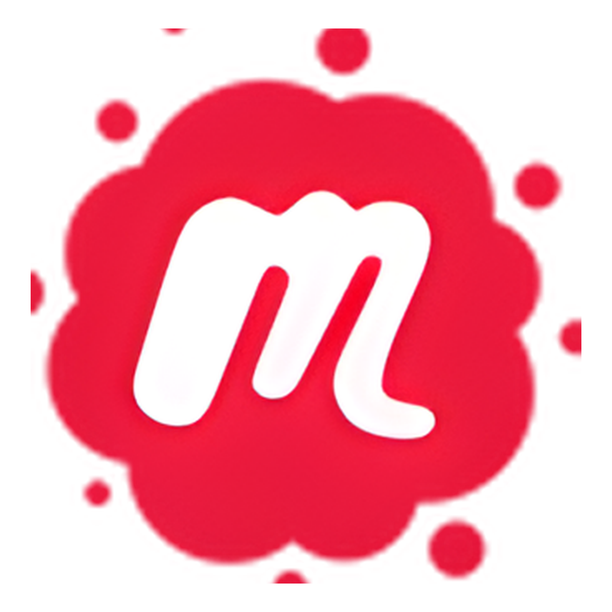 Close-up of a red circular logo with a white stylized letter 'm' in the center.