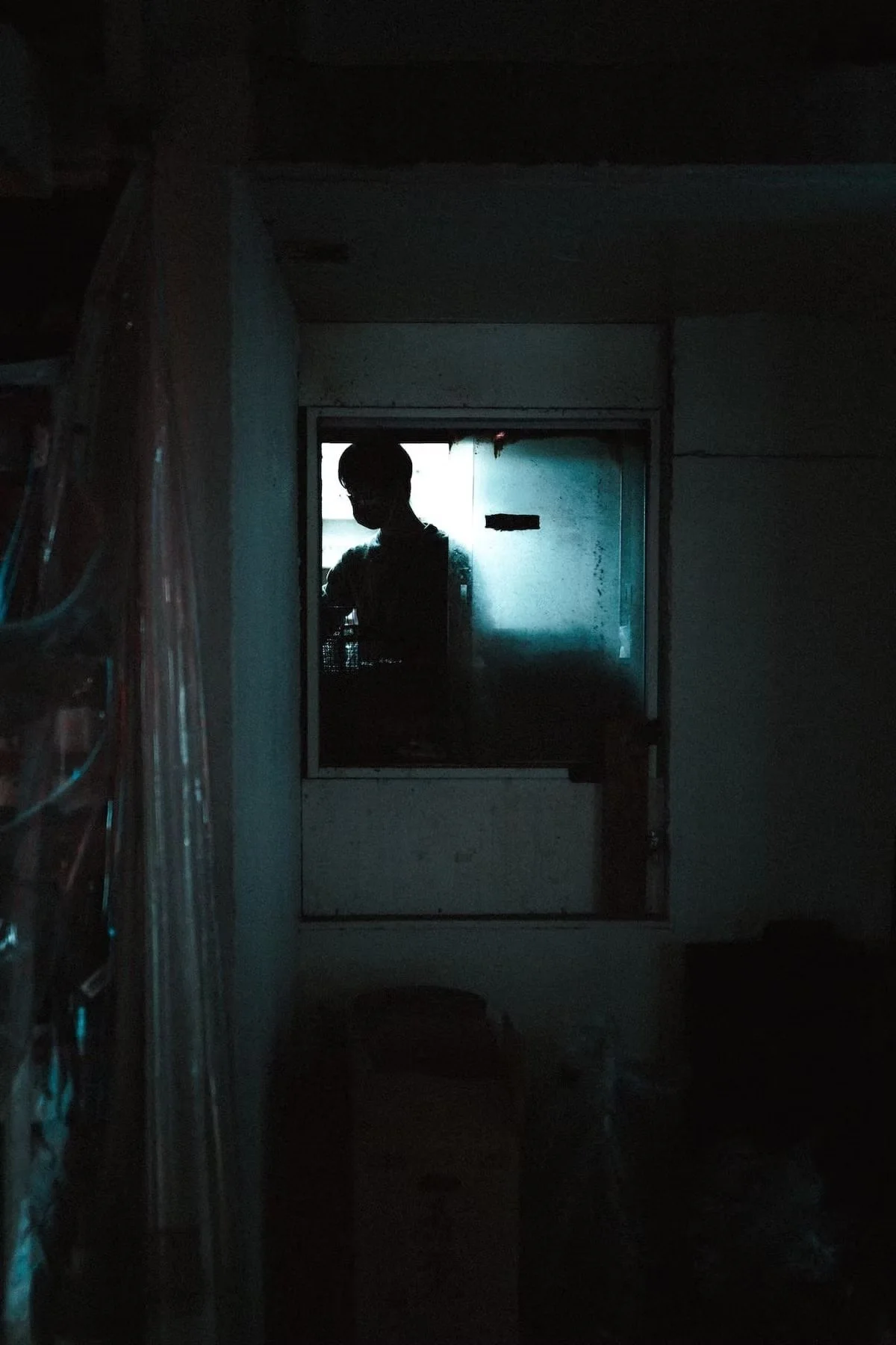 A silhouette of a person wearing glasses, visible through a window or glass door, with a bright background that makes the face indistinct. The scene appears to be indoors in a dimly lit room.