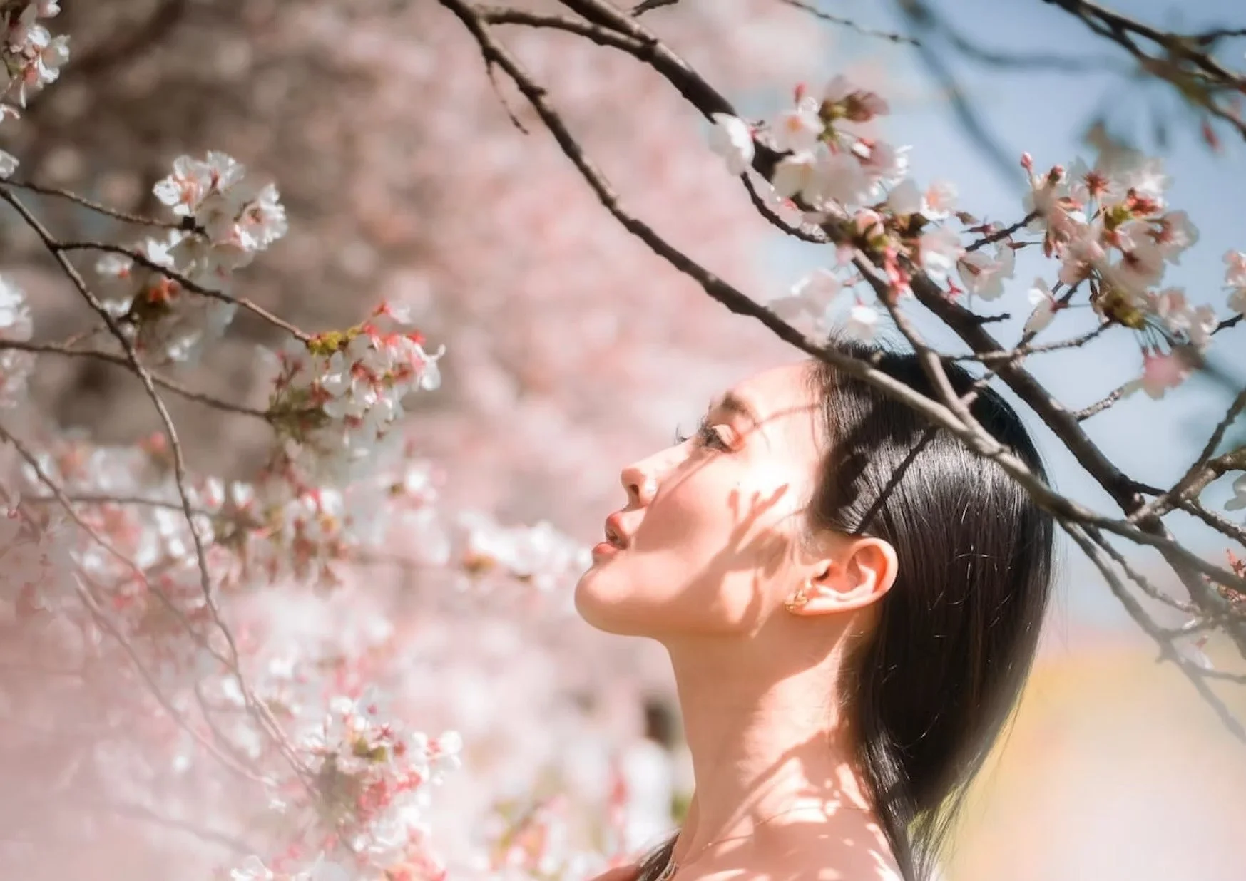 A woman stands beneath cherry blossom branches, gently tilting her head back as she enjoys the springtime beauty. The pink flowers surround her, and the soft sunlight creates a warm, peaceful atmosphere.
