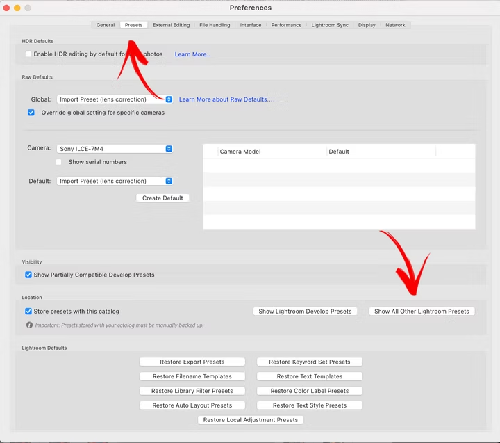 Screenshot of a software preferences window with tabs labeled General, Presets, External Editing, File Handling, Interface, Performance, Lightroom Sync, Display, Network. Presets tab is active, showing options such as enabling HDR defaults, raw defaults, camera settings, and preset management buttons.