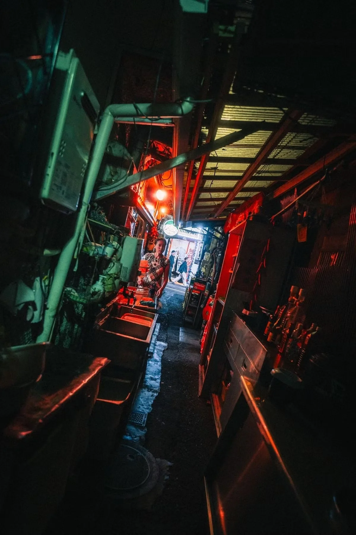 A narrow alleyway in Kabukicho Shinjuku at night with a woman in a checkered shirt behind a food stall, illuminated by red and yellow lights, with a few pedestrians walking in the background.
