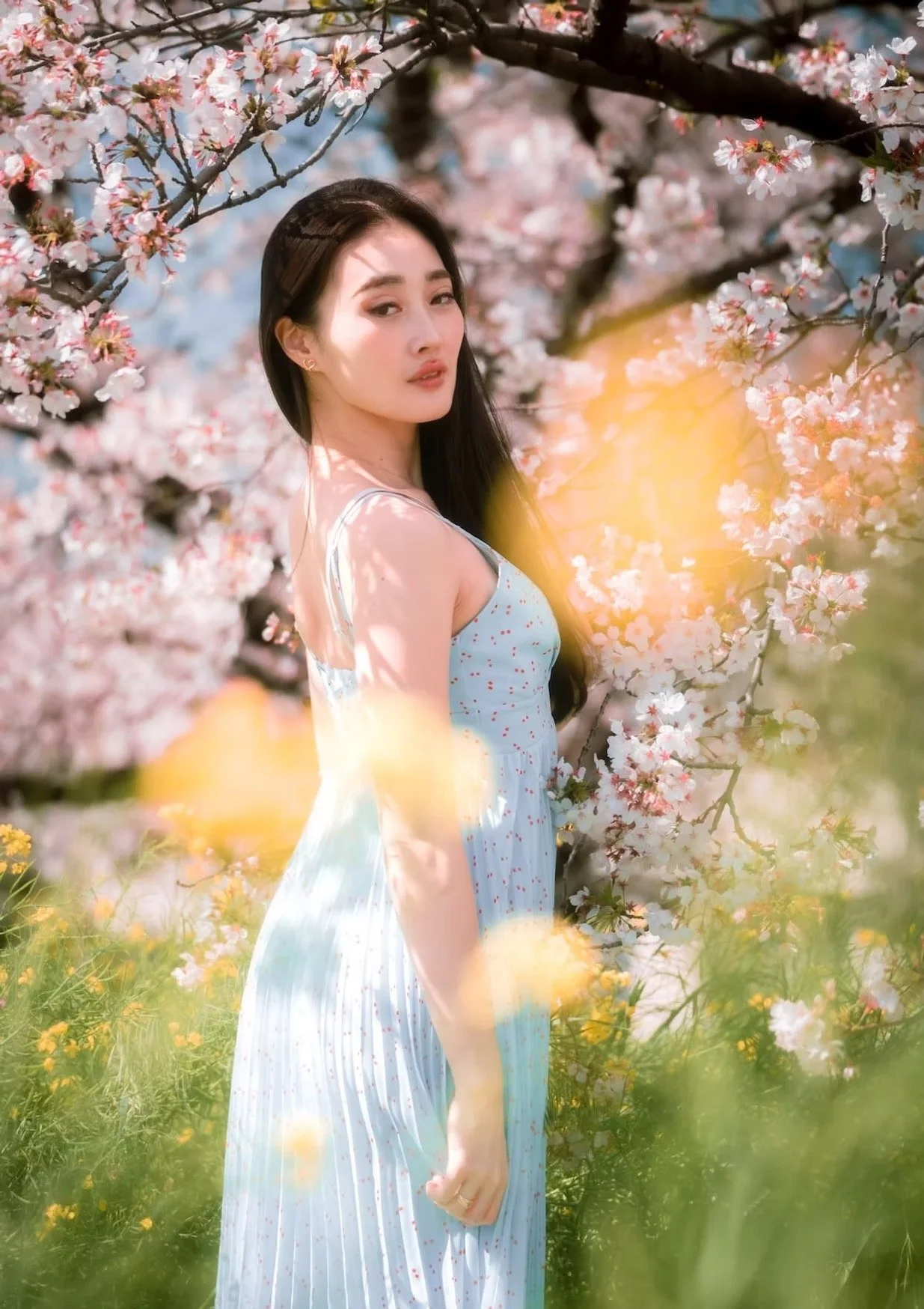 A woman in a light blue dress stands gracefully in a field of yellow flowers, with cherry blossom trees in full bloom around her. She looks over her shoulder with a serene expression, the soft sunlight highlighting the vibrant spring scene