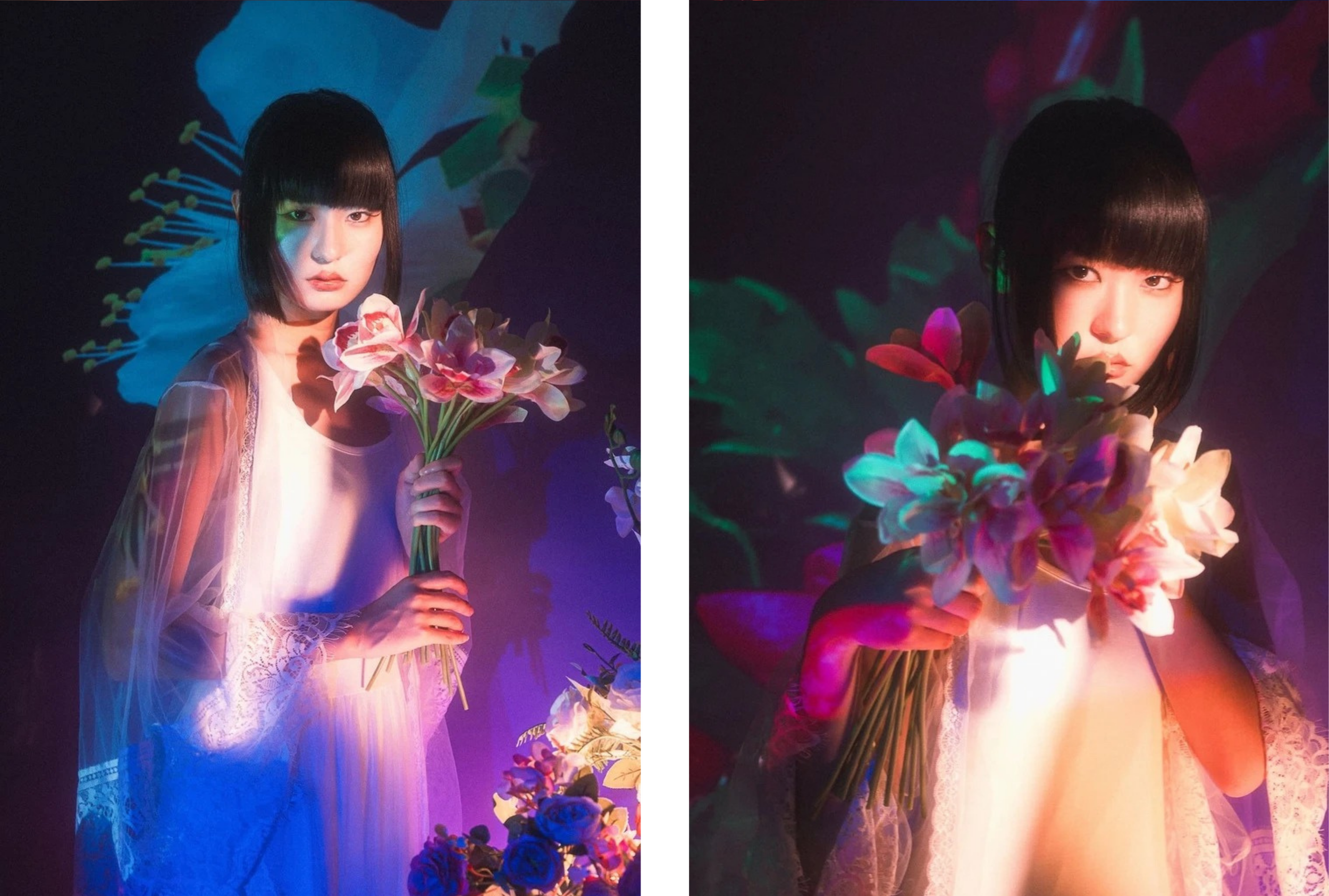 Portrait of model Ran illuminated by projector lighting during a creative studio photography session.