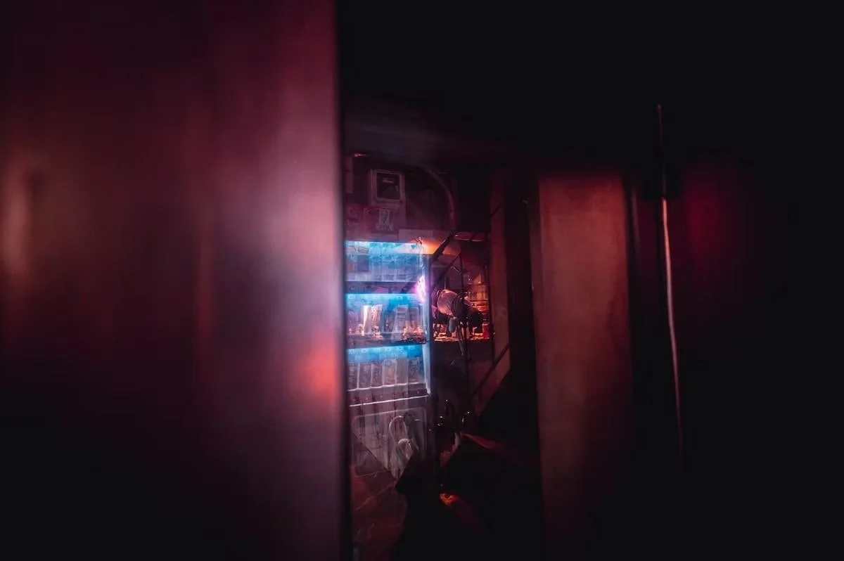 A dark room with a partially open door revealing a lit refrigerator with blue and red neon lights inside. In the heart of Kabukicho Tokyo.
