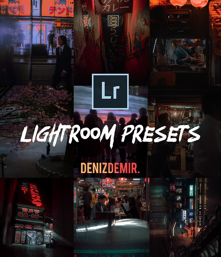 A collage of nine photos of urban scenes at night, featuring brightly lit signs, people walking, and night market stalls, with a Lightroom logo and text advertising Lightroom presets by Deniz Demir.