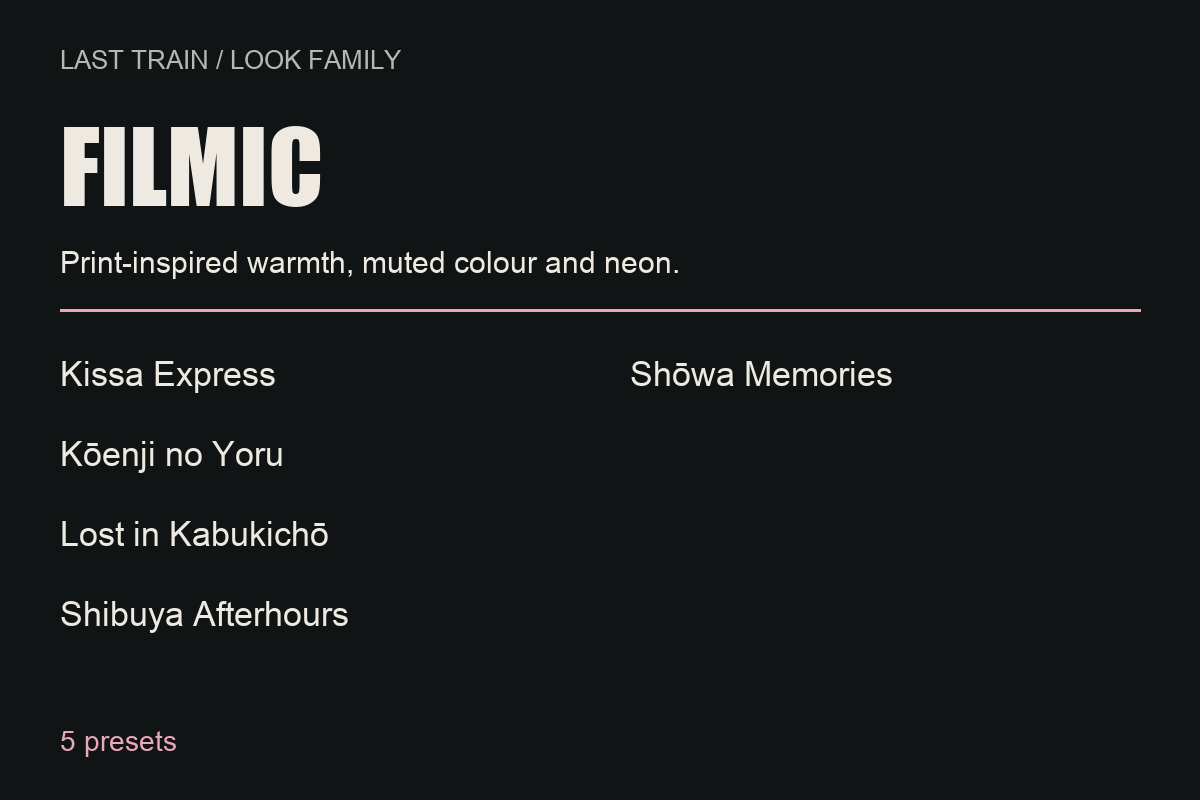 Filmic: print-inspired warmth, muted colour and neon. Five presets: Kissa Express, Kōenji no Yoru, Lost in Kabukichō, Shibuya Afterhours and Shōwa Memories.